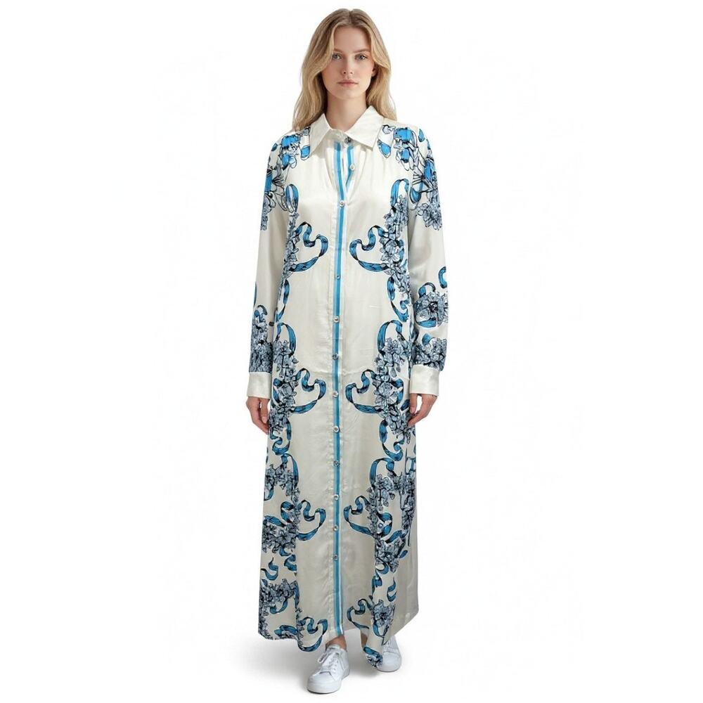 Cynthia Rowley Silk Floral Print Marseille Maxi Shirt Dress White Women's Size L